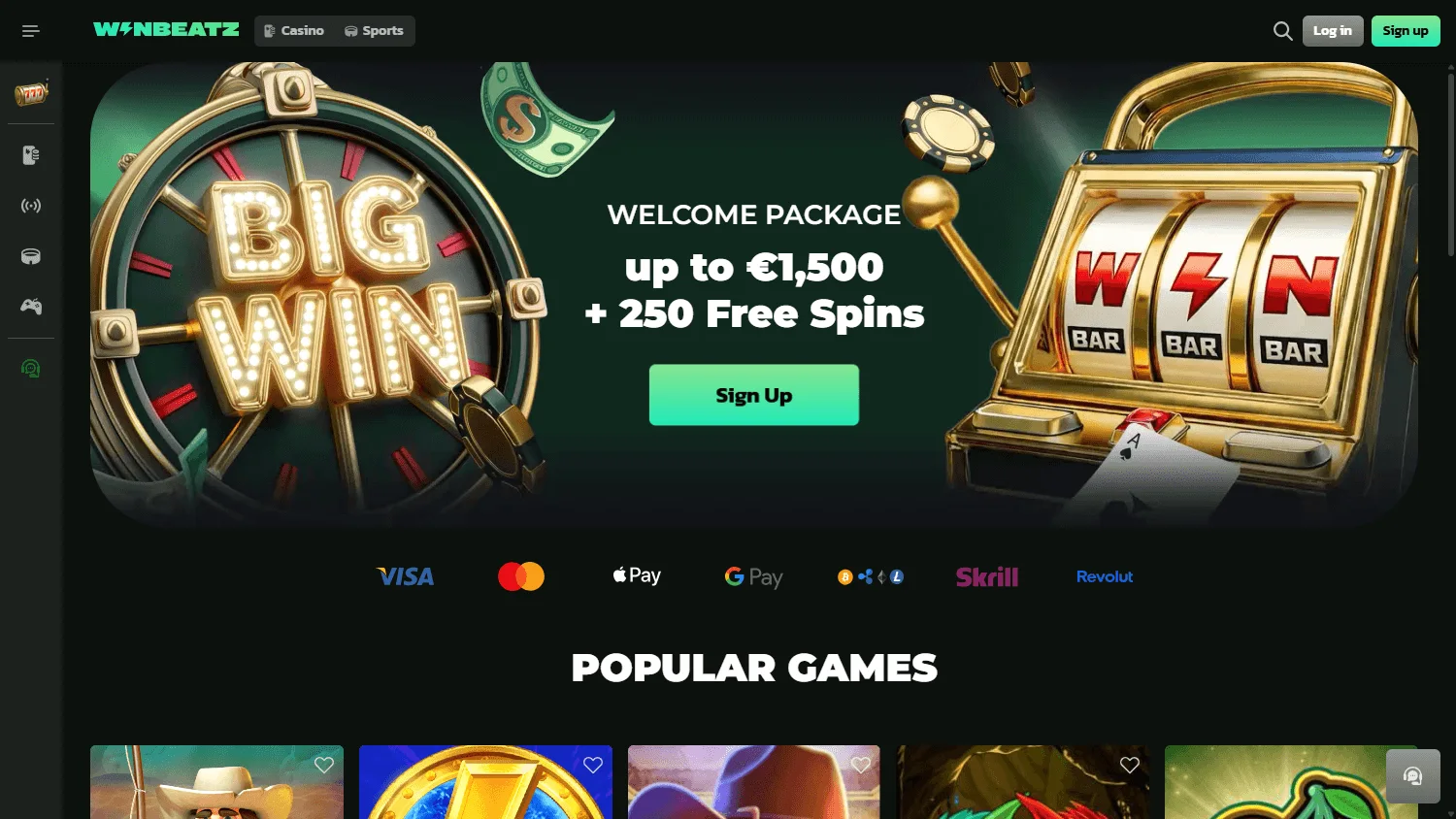 Winbeatz Casino desktop home interface with casino services and promotional areas