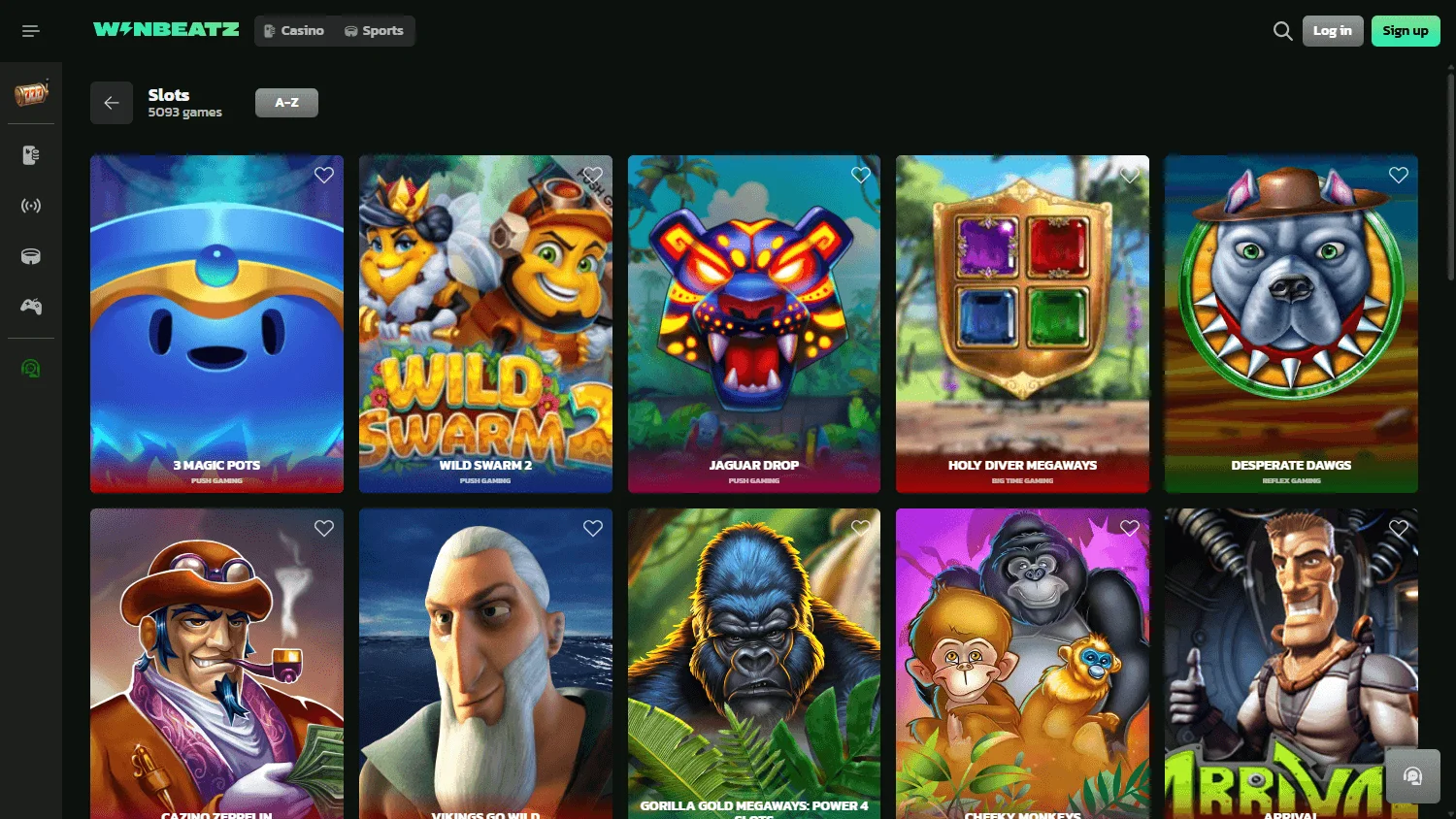 Winbeatz Casino desktop games interface with casino categories and game options