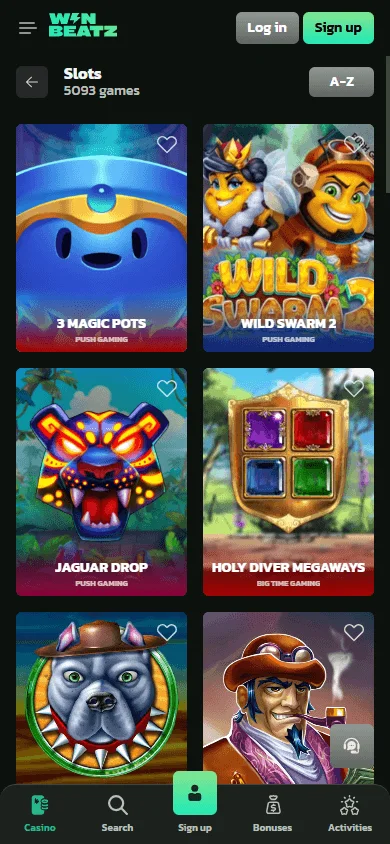 Winbeatz Casino mobile games interface with casino and live game options