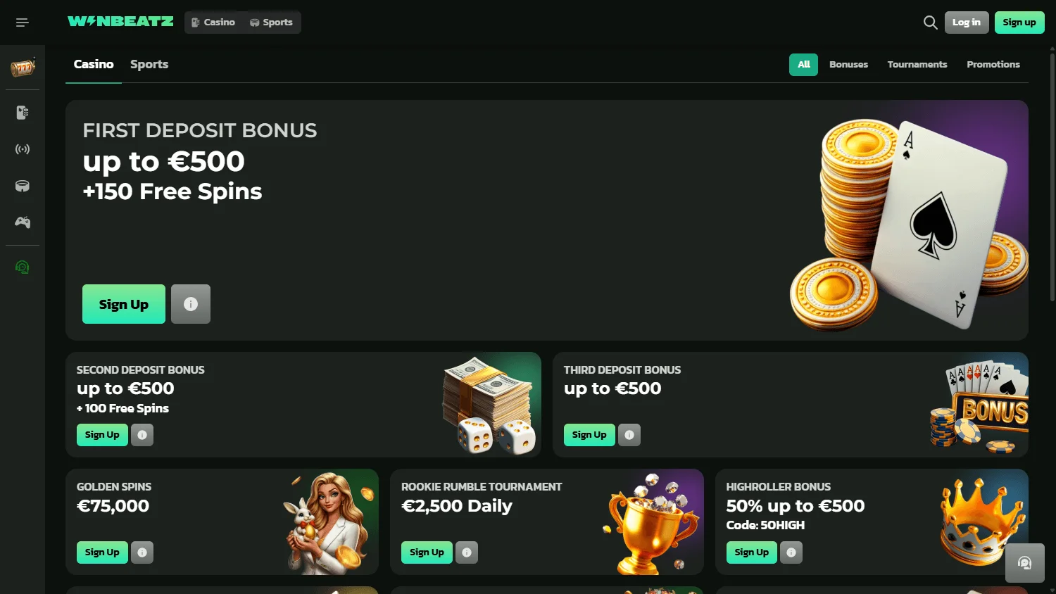 Winbeatz Casino desktop promotions interface with welcome and ongoing rewards