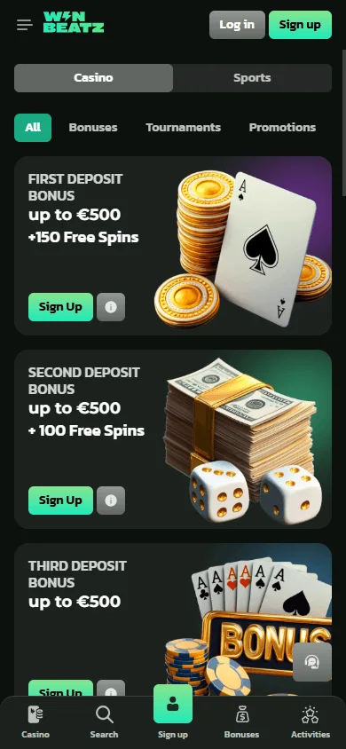 Winbeatz Casino mobile promotions interface with bonus and reward offers